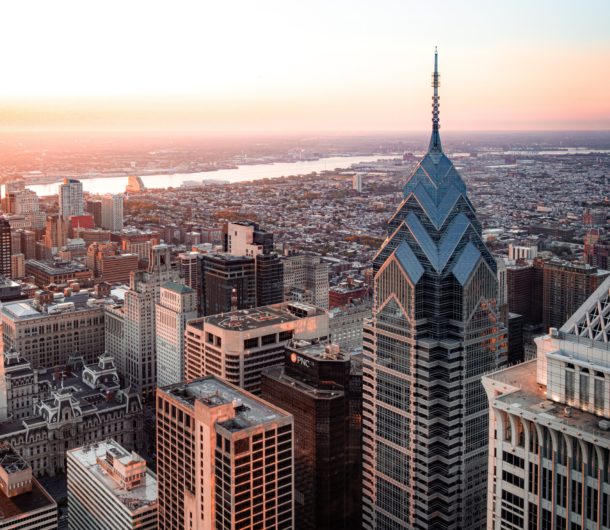 Aerial shot of sunrise in Philadelphia