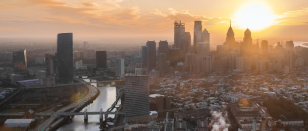 Aerial shot of the City of Philadelphia, PA at sunrise viewed from the Schuylkill River.